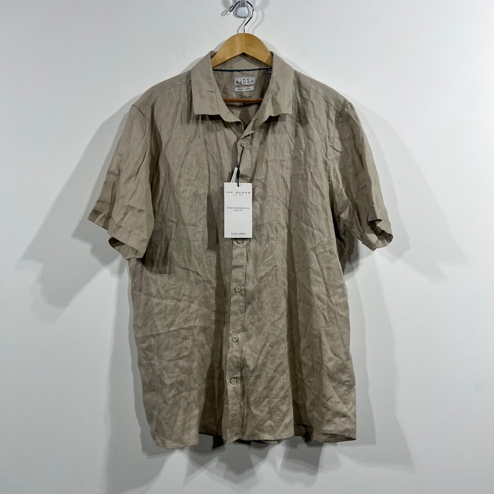 NWT Ike Behar Luxe Travel Mens XXL Tan Pure Linen Old Money Button Down Shirt